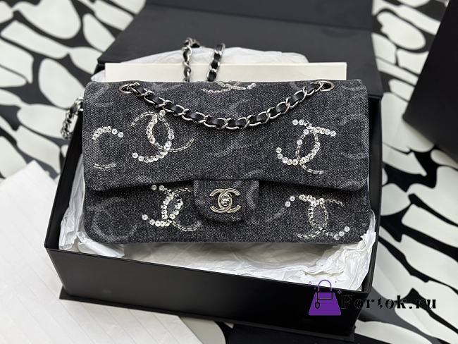 Fortok Chanel 23B Beaded and Sequined Classic Flap Bag Black Denim 15.5x25.5x6.5cm - 1