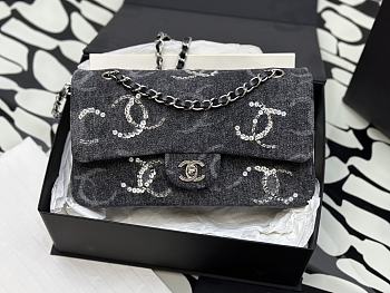 Fortok Chanel 23B Beaded and Sequined Classic Flap Bag Black Denim 15.5x25.5x6.5cm