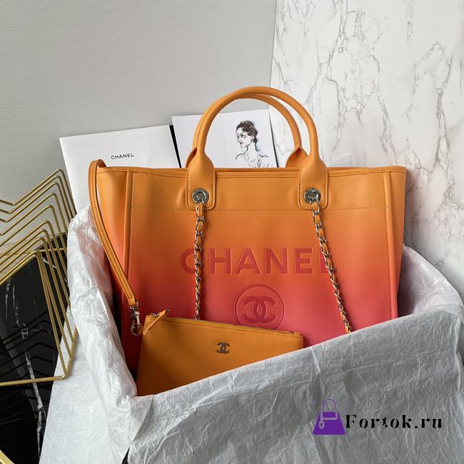 Fortok Chanel Shopping Bag Gradient Calfskin & Silver Metal Orange, Coral Red & Pink AS3351 31cm  - 1