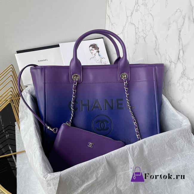 Fortok Chanel Shopping Bag Gradient Calfskin & Silver Metal Purple, Blue & Dark Blue AS3351 31cm  - 1