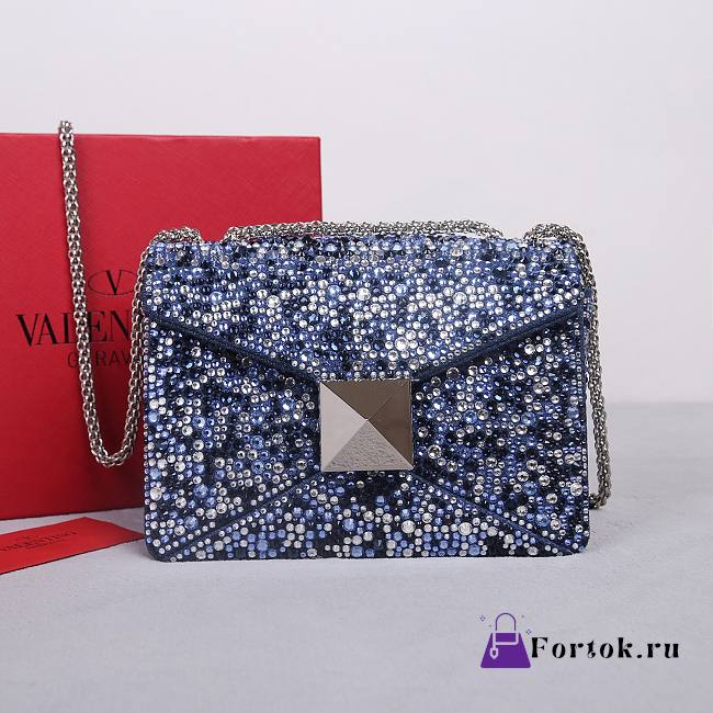 Fortok Valentino One Stud Chain Bag In Denim With Rhinestones 19x14x11cm - 1