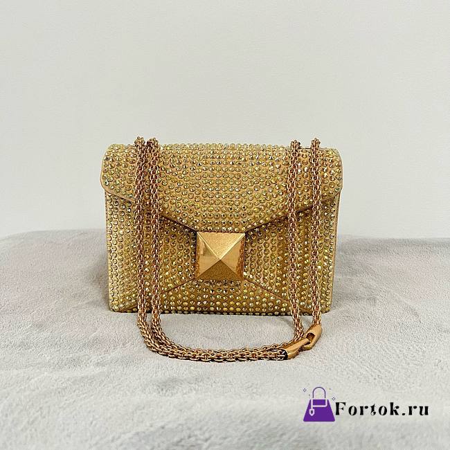 Fortok Valentino Gold One Stud Chain Bag In Denim With Rhinestones 19x14x11cm - 1