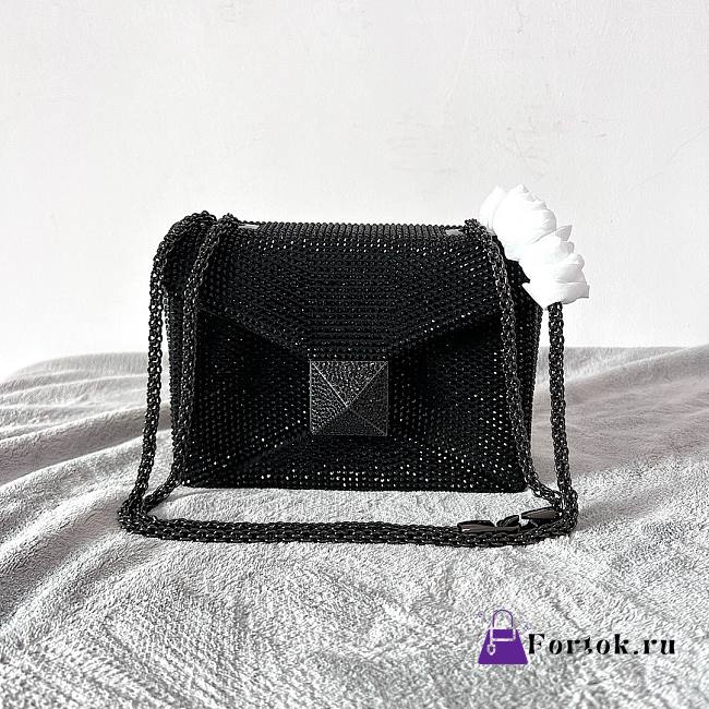 Fortok Valentino Black One Stud Chain Bag In Denim With Rhinestones 19x14x11cm - 1