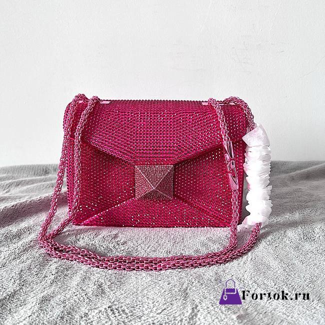 Fortok Valentino Pink One Stud Chain Bag In Denim With Rhinestones 19x14x11cm - 1