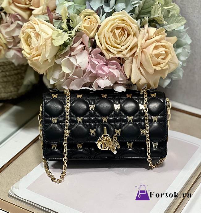 Fortok Dior Mini Miss Bag Black Cannage Lambskin with Gold-Finish Butterfly Studs 21x11.5x4.5cm - 1