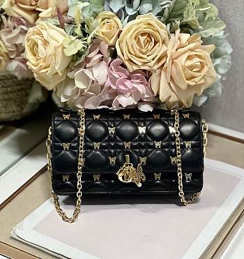 Fortok Dior Mini Miss Bag Black Cannage Lambskin with Gold-Finish Butterfly Studs 21x11.5x4.5cm