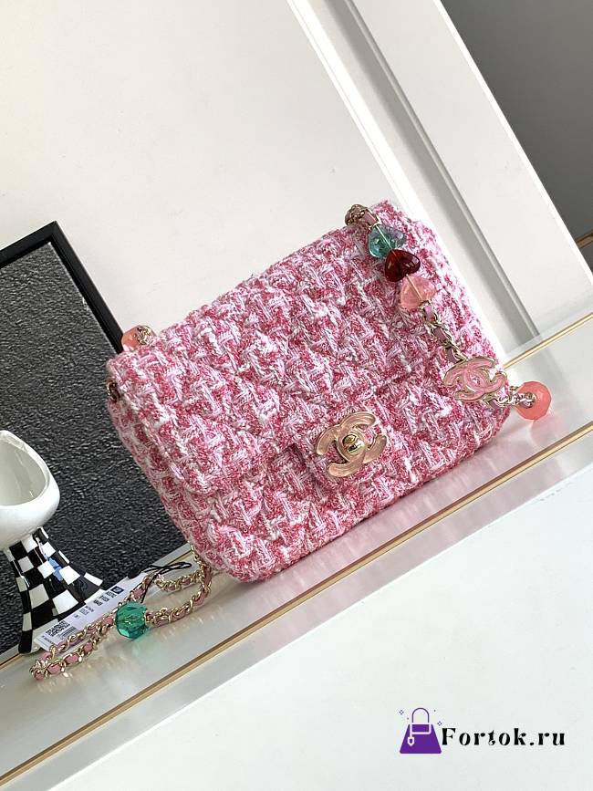 Fortok Chanel 23P Pink Wool Candy Fang Fatty Love Double C Chain Crossbody Bag 19cm - 1