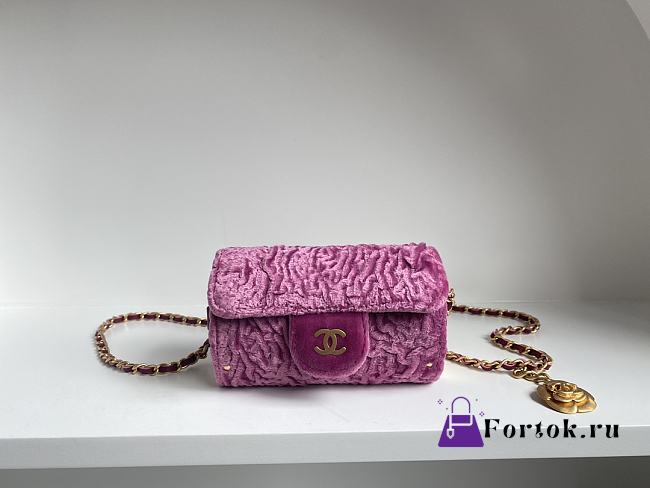 Fortok Chanel Velvet Wallet On Chain Clutch in Pink 11x6.5x5cm  - 1