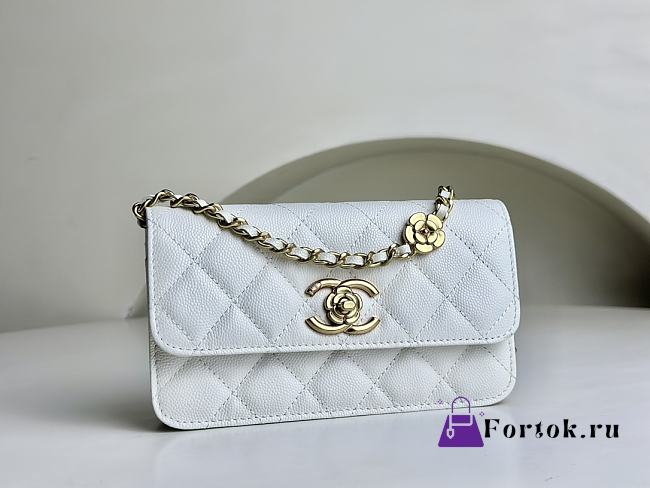 Fortok Chanel 23K Camellia Chain Shoulder Bag Cowhide White ​A96025 9.5x15.2x3.5cm - 1