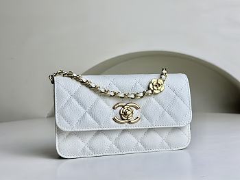 Fortok Chanel 23K Camellia Chain Shoulder Bag Cowhide White ​A96025 9.5x15.2x3.5cm