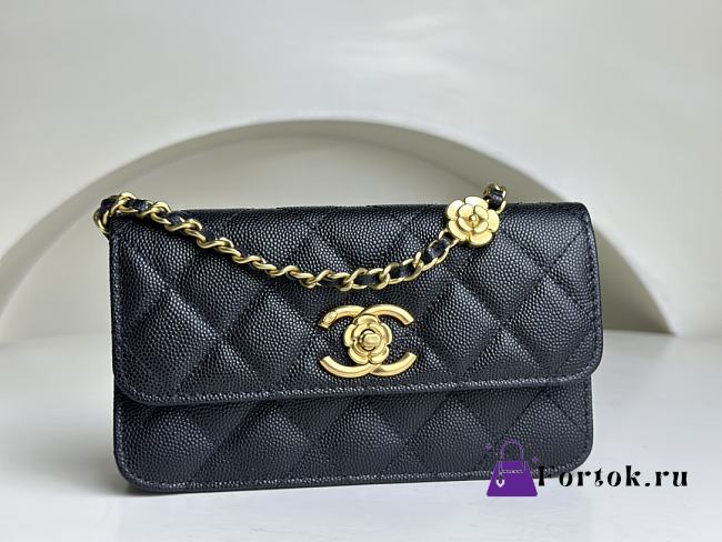 Fortok Chanel 23K Camellia Chain Shoulder Bag Cowhide Black ​A96025 9.5x15.2x3.5cm - 1