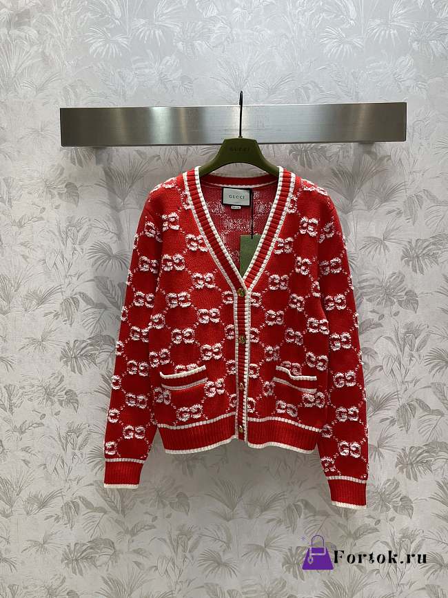 Fortok Gucci GG Jacquard V-neck Knitted Cardigan Red  - 1