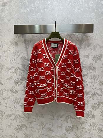 Fortok Gucci GG Jacquard V-neck Knitted Cardigan Red 