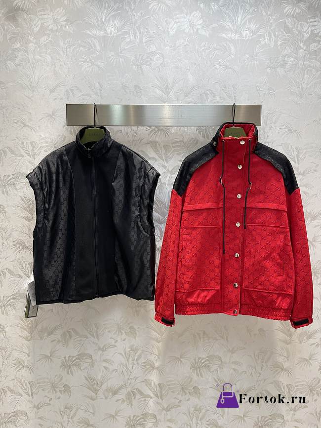 Fortok Gucci Canvas Bomber Jacket in Red and Black Gilet - 1