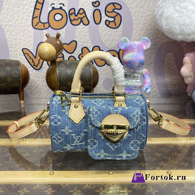 Fortok Louis Vuitton Nano Speedy Handbag Blue Denim M82950 16x10x7.5cm - 1