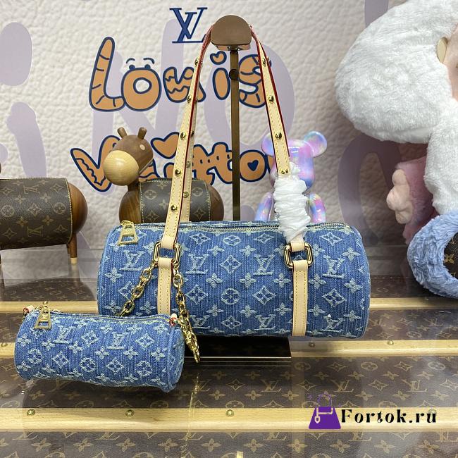 Fortok Louis Vuitton Papillon Handbag Blue Denim M46830 27x11x13cm - 1