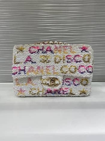 Fortok Chanel Small Foldable Bag Sequins & Gold-Tone Metal White, Yellow, Pink & Blue