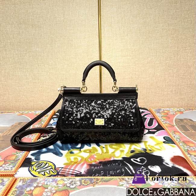 Fortok Dolce & Gabbana Black Sequin Miss Sicily Top Handle Bag 18x11x6cm - 1