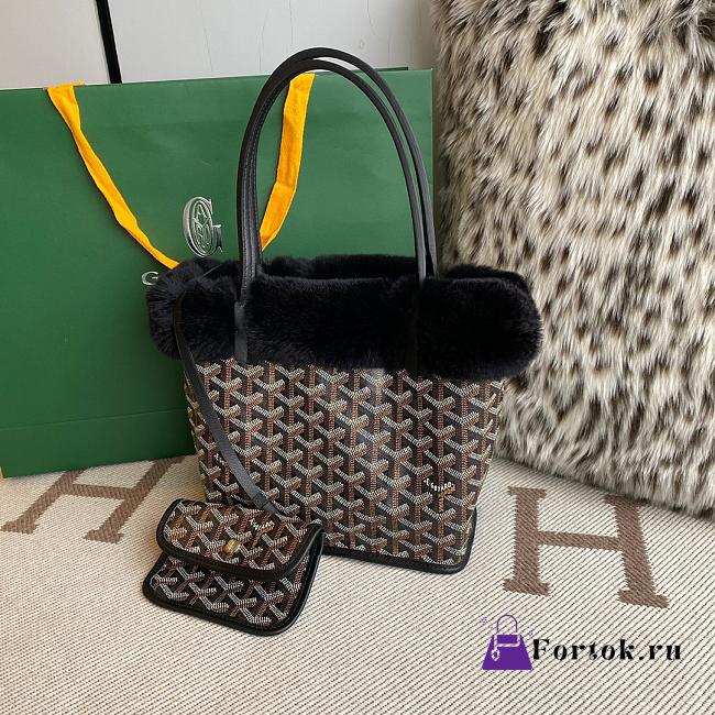 Fortok Goyardine Rabbit Rex Fur Reversible Mini Tote Bag Black 20cm - 1