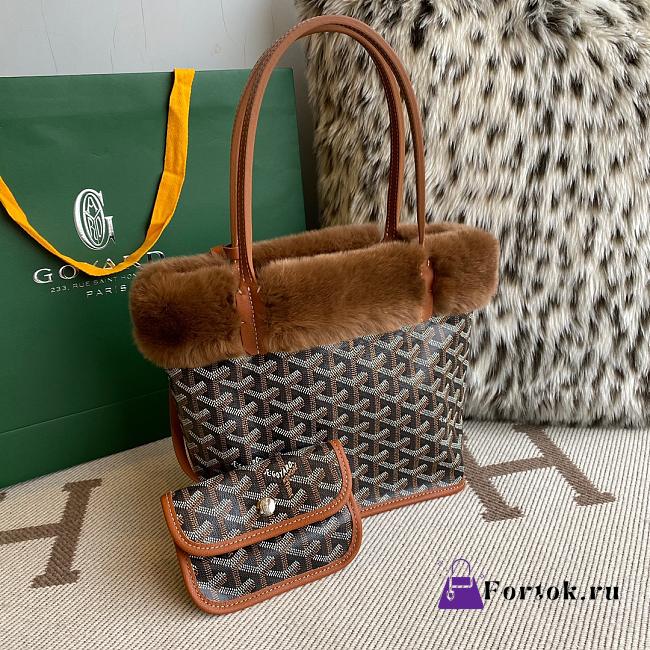 Fortok Goyardine Rabbit Rex Fur Reversible Mini Tote Bag Brown 20cm - 1