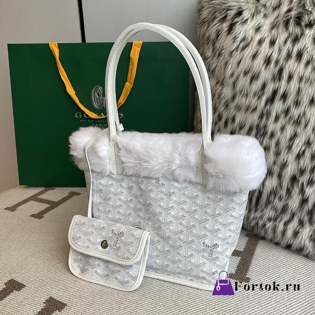 Fortok Goyardine Rabbit Rex Fur Reversible Mini Tote Bag White 20cm - 1