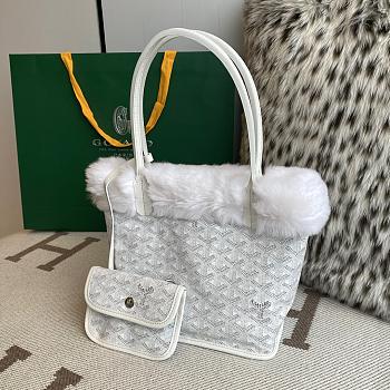 Fortok Goyardine Rabbit Rex Fur Reversible Mini Tote Bag White 20cm