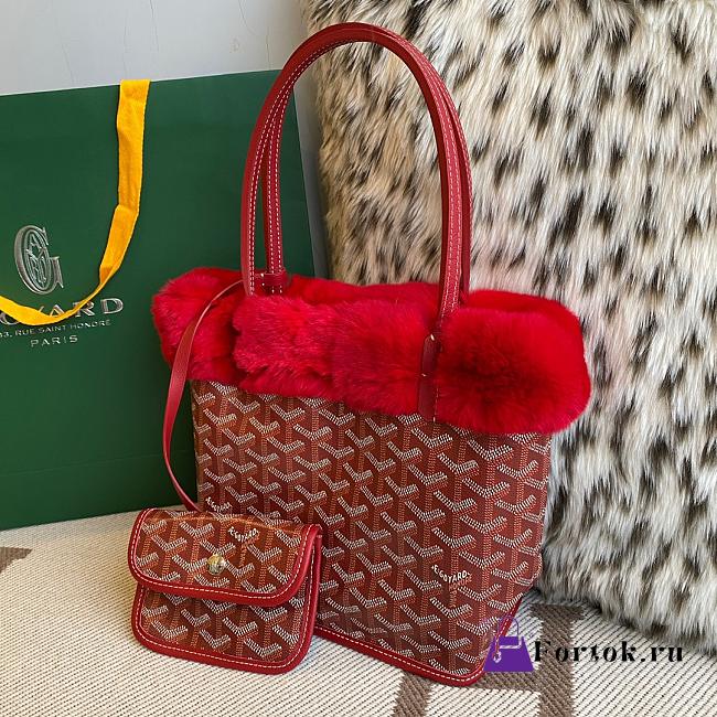 Fortok Goyardine Rabbit Rex Fur Reversible Mini Tote Bag Red 20cm - 1