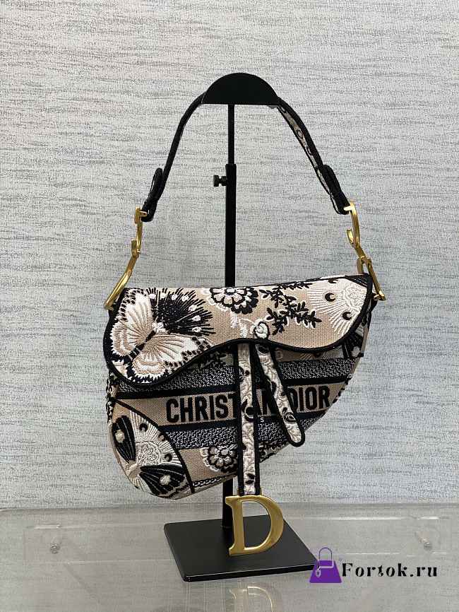 Fortok Dior Beige Butterfly Bandana Emroidery Saddle Bag 25cm - 1