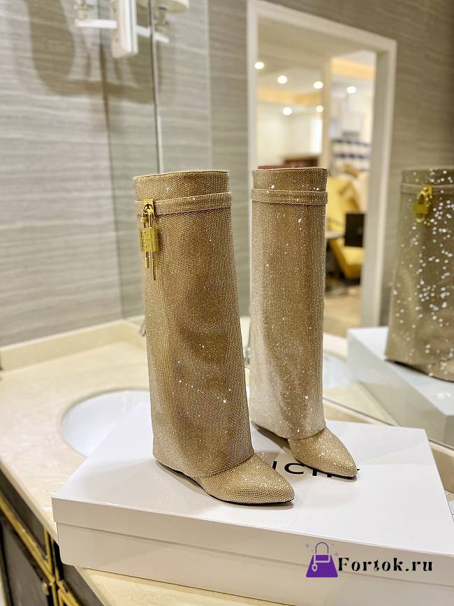 Fortok Givenchy Shark Lock Boots In Gold Satin With Strass Blond - 1