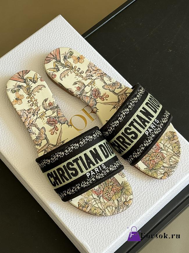 Fortok Dior Dway Slides Yellow Multicolor Embroidered Cotton with Toile de Jouy Mexico Motif - 1