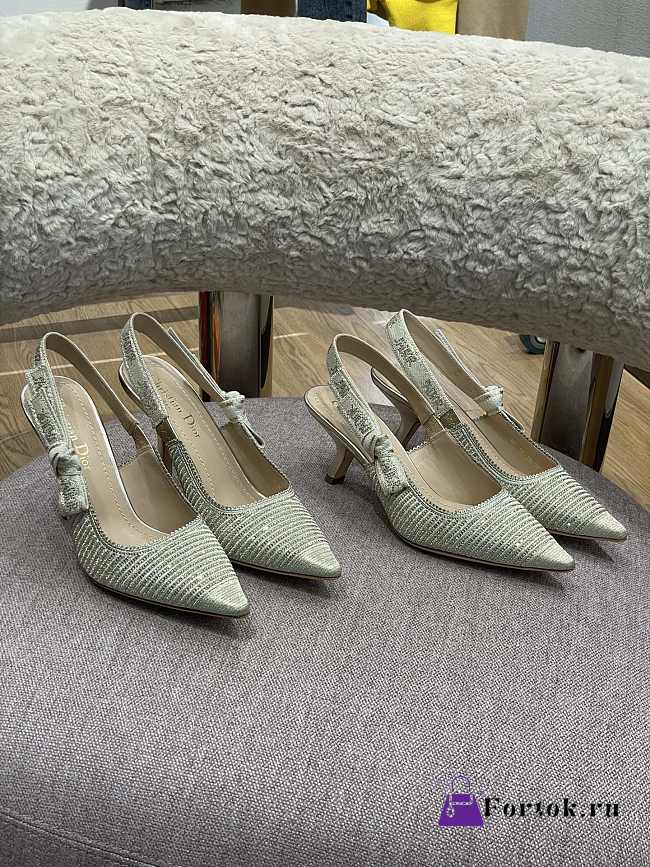 Fortok Dior Printed Crystal Embellishments Slingback Pumps Light Green - 1