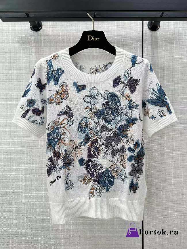 Fortok Dior Butterfly Floral Embroidered Knitted Short-sleeved Top - 1