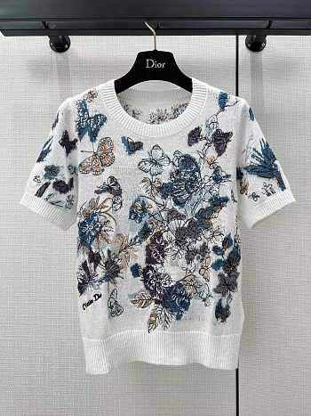 Fortok Dior Butterfly Floral Embroidered Knitted Short-sleeved Top