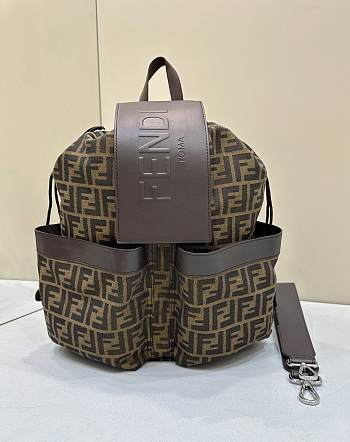 Fortok Fendi Men Strike Large FF Jacquard Fabric Backpack Brown 31.5x16x36cm