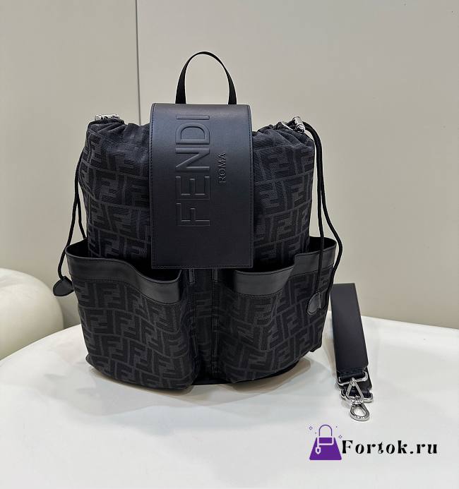 Fortok Fendi Men Strike Large FF Jacquard Fabric Backpack Black 31.5x16x36cm - 1