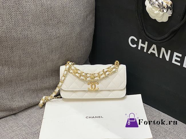 Fortok Chanel 22K Woc Caviar Leather Double Rows And Double C Chain Bag White 16cm - 1