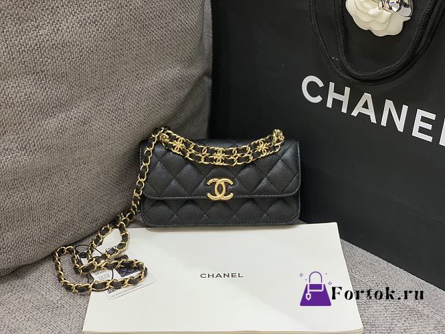 Fortok Chanel 22K Woc Caviar Leather Double Rows And Double C Chain Bag Black 16cm - 1