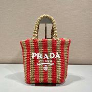 Fortok Prada Raffia Striped Small Logo Tote Bag Beige & Red 24x24x8cm - 1