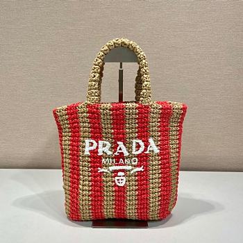 Fortok Prada Raffia Striped Small Logo Tote Bag Beige & Red 24x24x8cm