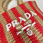 Fortok Prada Raffia Striped Small Logo Tote Bag Beige & Red 24x24x8cm - 2