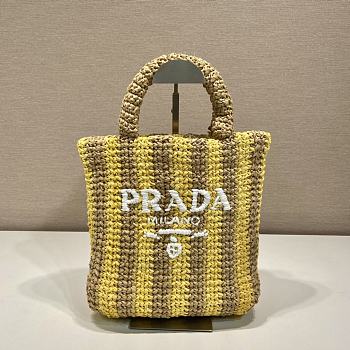 Fortok Prada Raffia Striped Small Logo Tote Bag Beige & Yellow 24x24x8cm