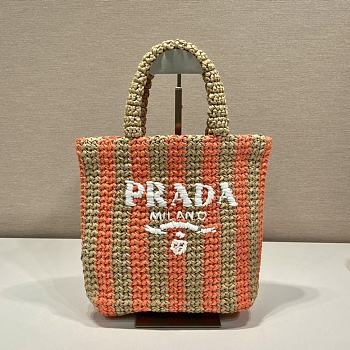 Fortok Prada Raffia Striped Small Logo Tote Bag Beige & Orange 24x24x8cm