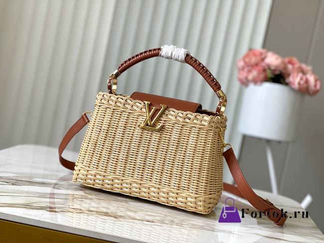 Fortok Louis Vuitton Capucines BB Straw Leather Handbag Beige Brown M48865 27x20x9cm - 1