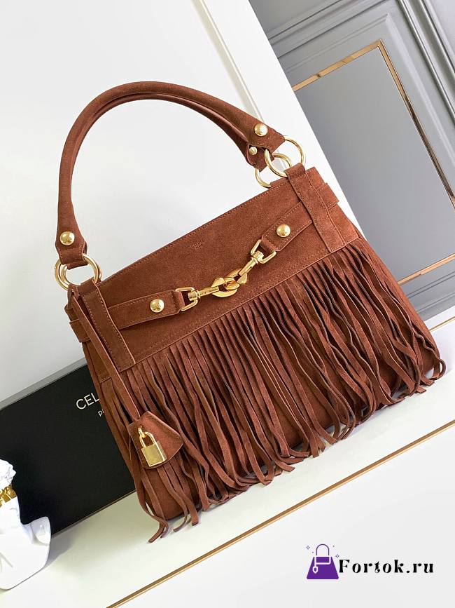 Fortok Celine Medium Annabel Bag With Fringed In Suede Calfskin Brown 36.5x28.5x10cm - 1
