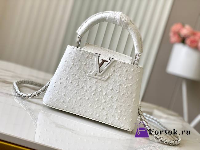 Fortok Louis Vuitton Capucines Bag White Ostrich Leather Pattern 21x14x9cm - 1