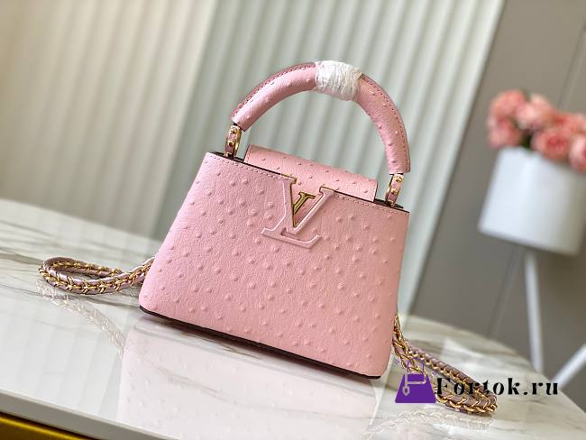 Fortok Louis Vuitton Capucines Bag Pink Ostrich Leather Pattern 21x14x9cm - 1