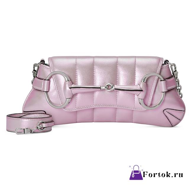 Fortok Gucci Horsebit Chain Medium Shoulder Bag in Pink Iridescent Leather 15x38x16cm - 1