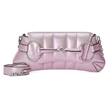 Fortok Gucci Horsebit Chain Medium Shoulder Bag in Pink Iridescent Leather 15x38x16cm