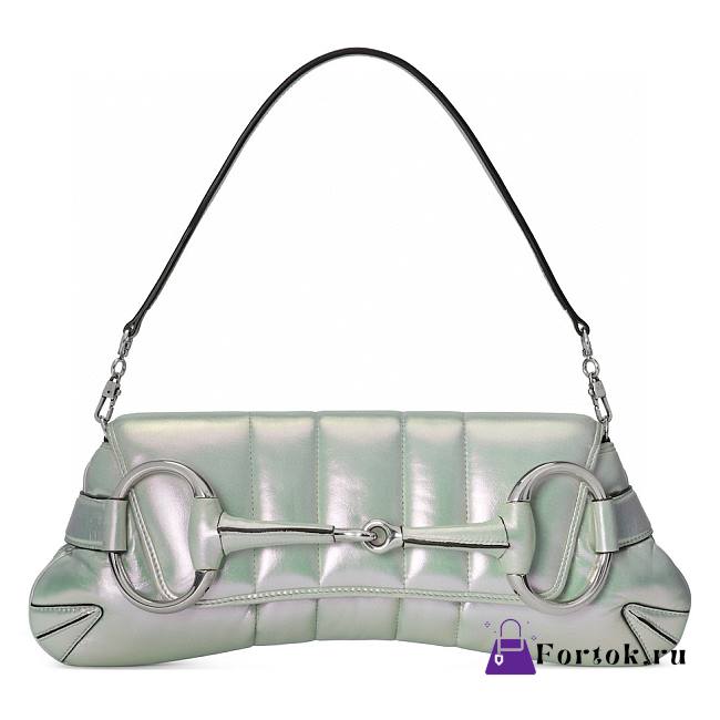 Fortok Gucci Horsebit Chain Medium Shoulder Bag in Green Iridescent Leather 15x38x16cm - 1