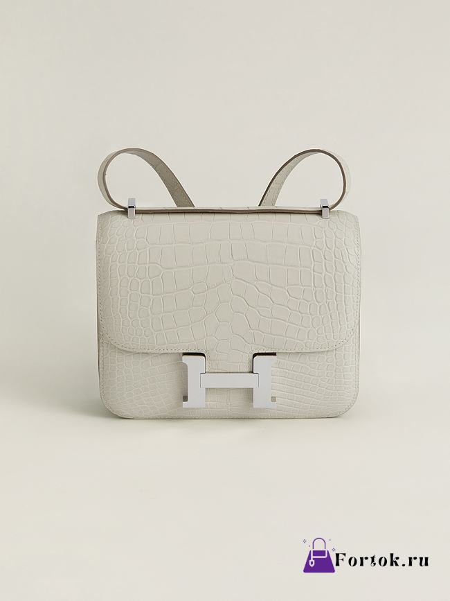 Fortok Hermes Constance Silver Buckle Glacier White Crocodile Leather Bag 19x15x4cm - 1